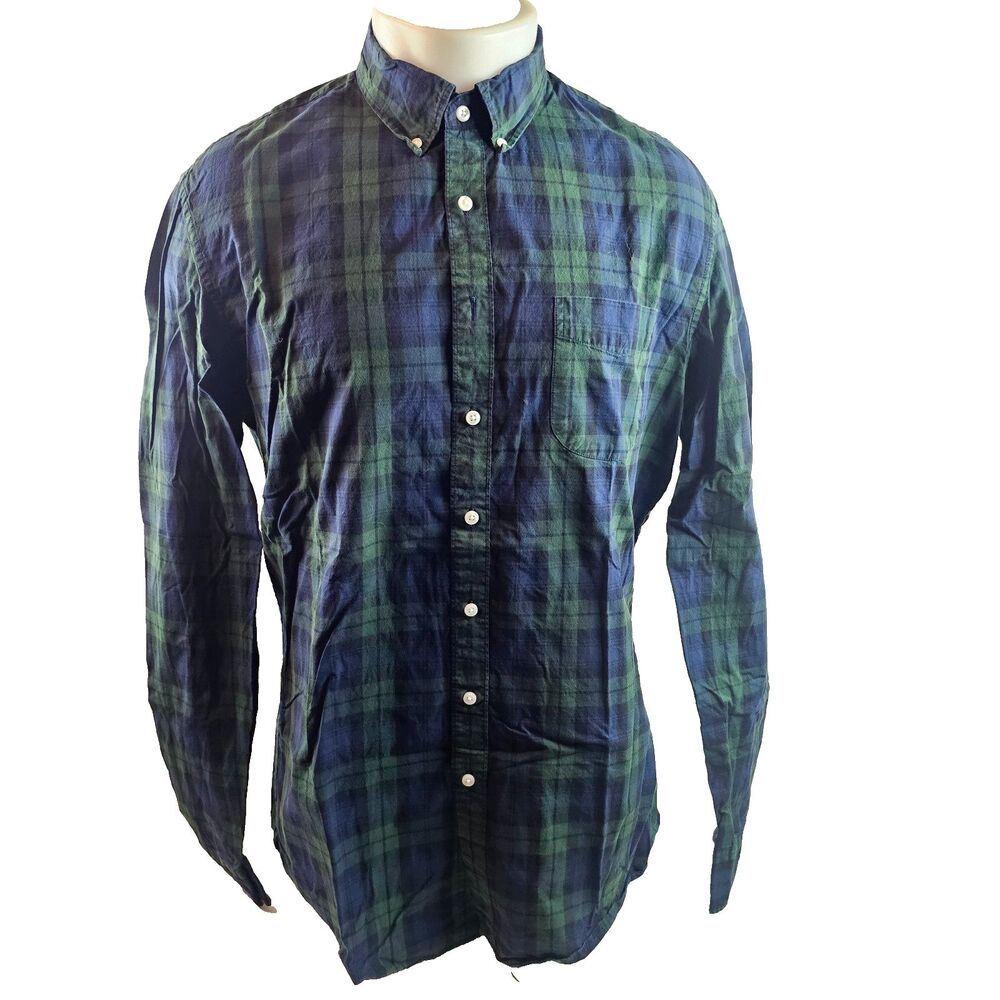J Crew Mens Large Tall Green Blue Plaid Button Up Shirt Classic Stretch Preppy
